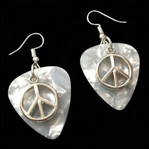HAND Crafted Drop Earrings Repurposed Guitar Picks Peace Symbols Silver Plate